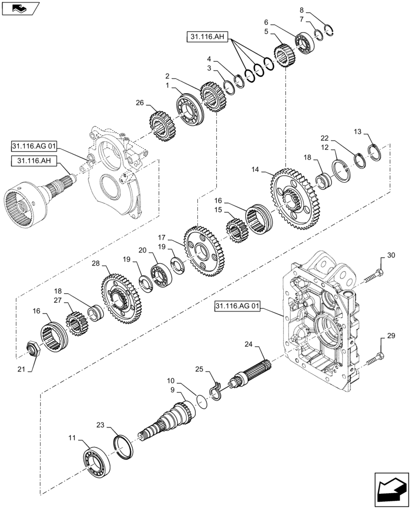 Схема запчастей Case IH MAXXUM 120 - (31.116.AF[01]) - VAR - 330801 + STD - 3 SPEED REAR PTO - GEARS, DRIVEN SHAFT AND OUTPUT SHAFT (31) - IMPLEMENT POWER TAKE OFF