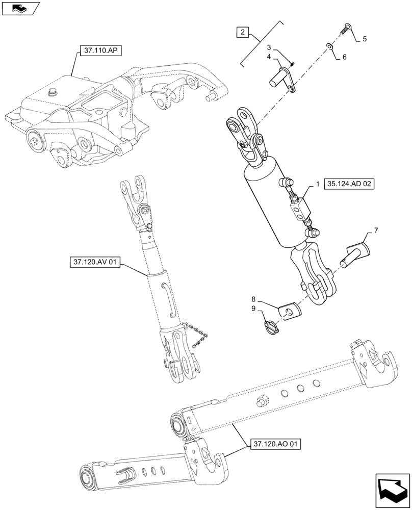 Схема запчастей Case IH MAXXUM 120 - (35.124.AD[01]) - TOOLING CONNECTION UNIT - HYDRAULIC LIFT LINK (35) - HYDRAULIC SYSTEMS