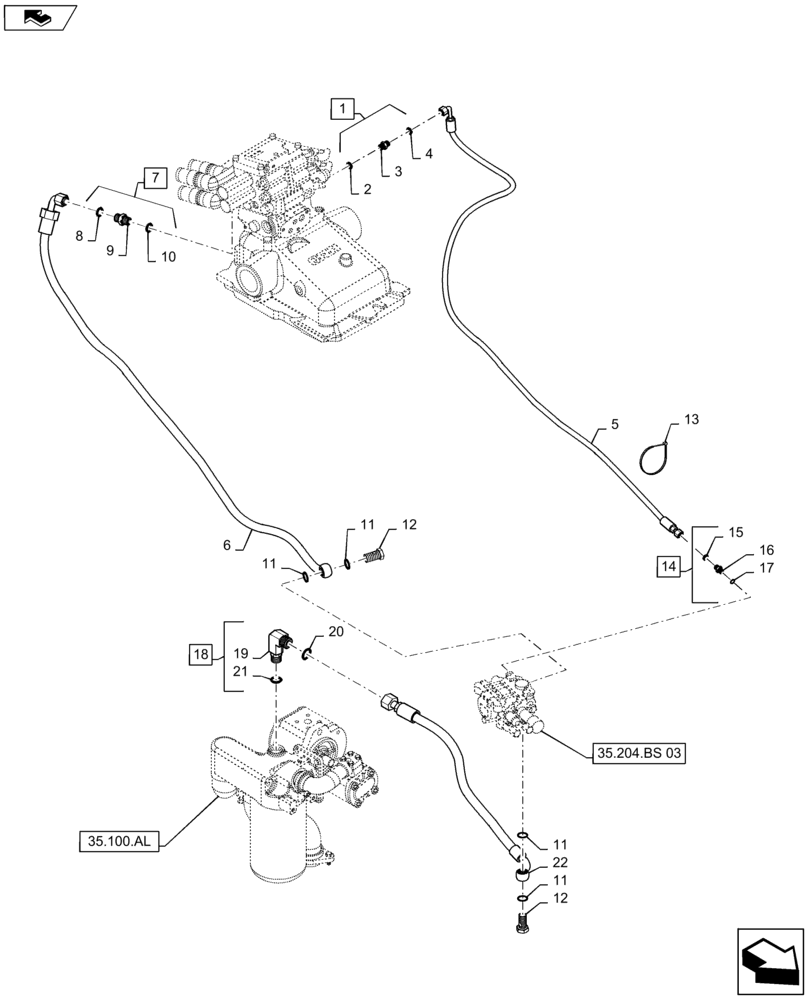 Схема запчастей Case IH MAXXUM 110 - (35.204.BJ[04]) - VAR - 332563, 743900 - 2 MECHANICAL MID MOUNTED VALVES - DELIVERY AND PILOT PIPES (35) - HYDRAULIC SYSTEMS