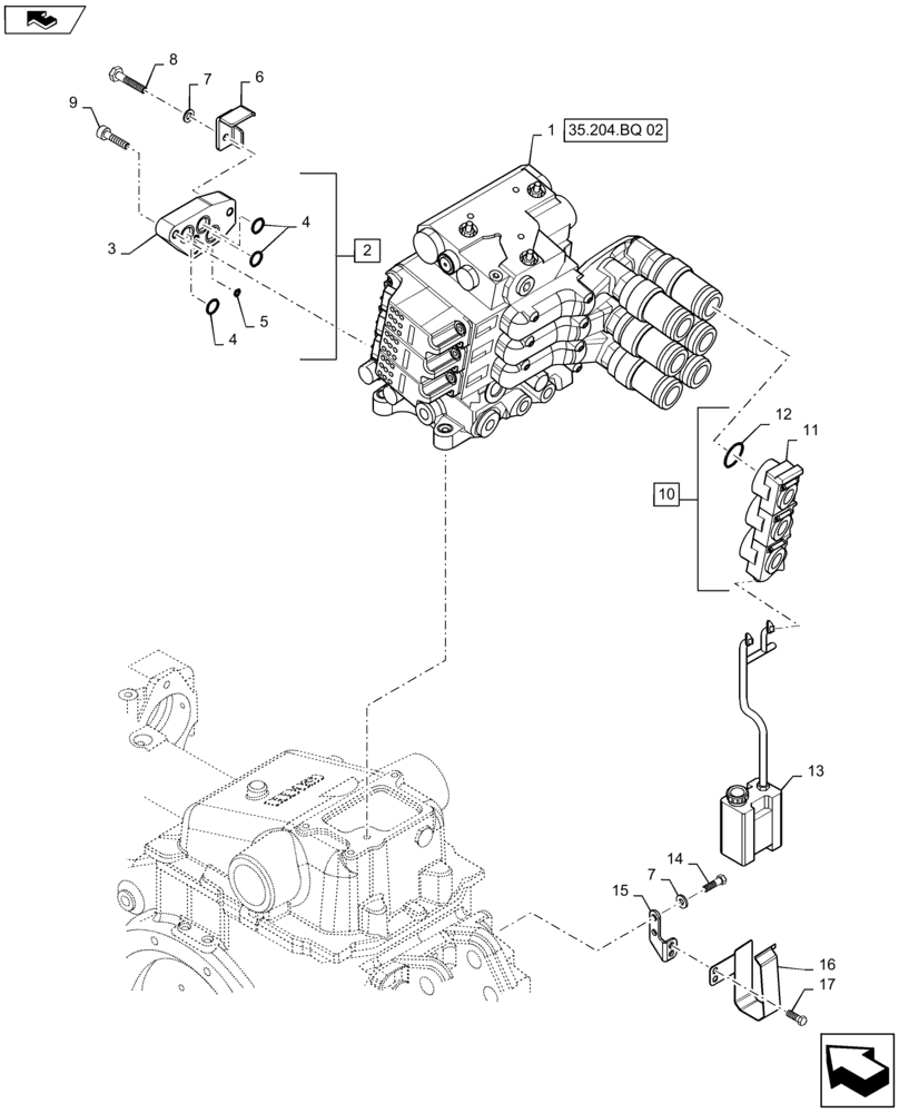 Схема запчастей Case IH MAXXUM 120 - (35.204.BQ[01]) - 3 ELECTROHYDRAULIC REAR REMOTE CONTROL VALVES WITH PUMP 113 L/MIN CCLS - DISTRIBUTOR, COVER AND OIL COLLECTOR (35) - HYDRAULIC SYSTEMS