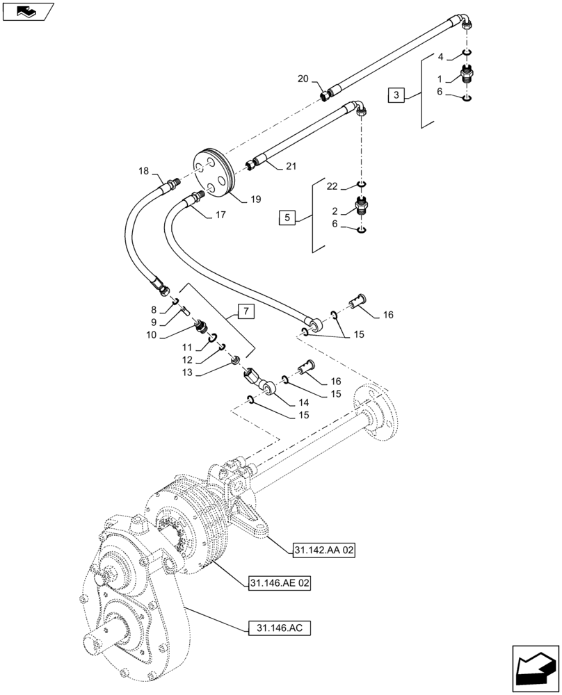 Схема запчастей Case IH MAXXUM 120 - (31.142.AF[01]) - VAR - 333648, 334648, 335648, 743700 - INTEGRATED FRONT HPL WITH PTO - PIPES (31) - IMPLEMENT POWER TAKE OFF