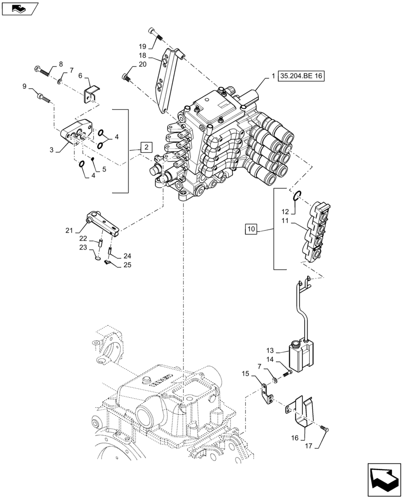 Схема запчастей Case IH MAXXUM 120 - (35.204.BE[15]) - VAR - 331845, 743685 - 4 MECHANICAL REAR REMOTE CONTROL VALVES ( 2 NON CONFIGURABLE ) WITH PUMP 80 L/MIN FD - DISTRIBUTOR, COVER AND OIL COLLECTOR (35) - HYDRAULIC SYSTEMS