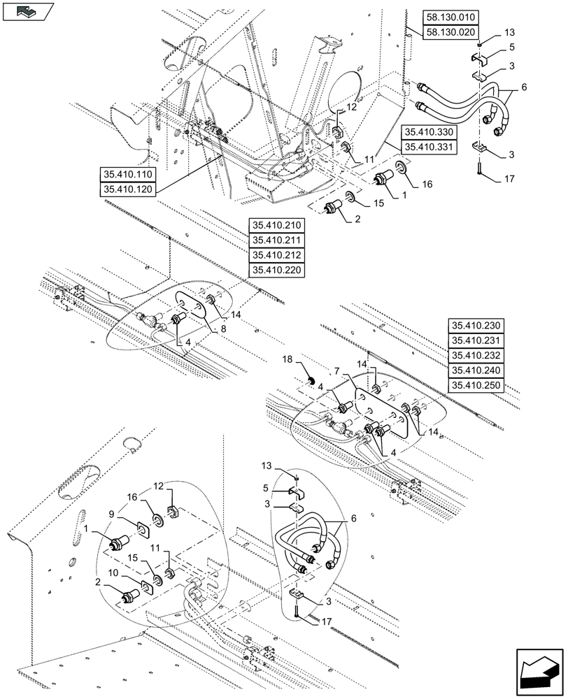 Схема запчастей Case IH 3050-20FT - (35.410.130) - HYDRAULIC TUBES, BOTTOM BEAM, CONNECTORS (35) - HYDRAULIC SYSTEMS