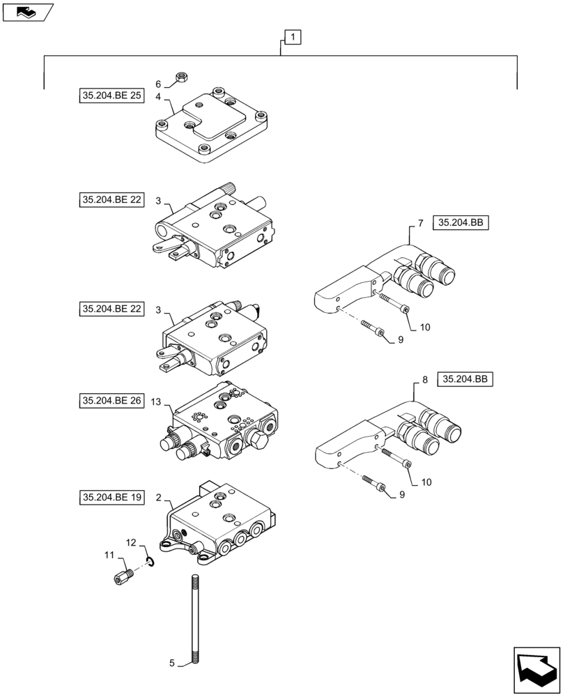 Схема запчастей Case IH MAXXUM 110 - (35.204.BE[08]) - VAR - 331849, 743740 - 2 MECHANICAL REAR REMOTE CONTROL VALVES ( CONFIGURABLE ) WITH PUMP 113 L/MIN CCLS - DISTRIBUTOR - BREAKDOWN (35) - HYDRAULIC SYSTEMS