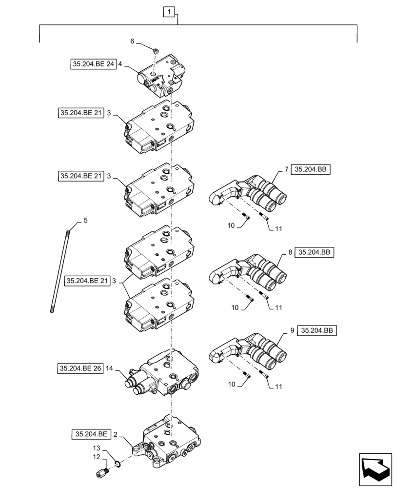 Схема запчастей Case IH MAXXUM 110 - (35.204.BQ[06]) - VAR - 330862, 338851, 743733 -4 ELECTROHYDRAULIC REAR REMOTE CONTROL VALVES WITH PUMP 113 L/MIN CCLS - DISTRIBUTOR - BREAKDOWN (35) - HYDRAULIC SYSTEMS