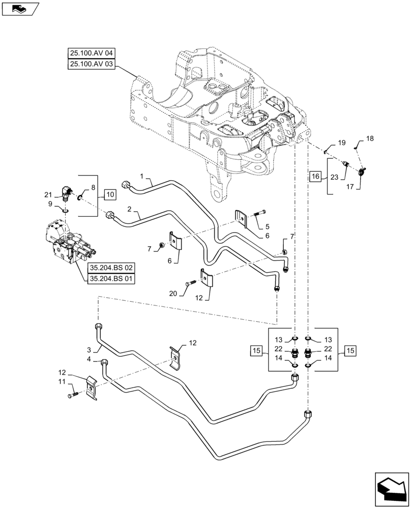 Схема запчастей Case IH MAXXUM 110 - (35.160.AB[01]) - VAR - 332814 - FRONT HPL - HYDRAULIC AUXILIARY COUPLERS FROM MID MOUNT VALVES - PIPES (35) - HYDRAULIC SYSTEMS