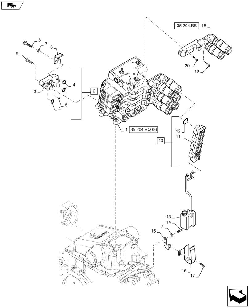 Схема запчастей Case IH MAXXUM 110 - (35.204.BQ[05]) - VAR - 330862, 338851, 743733 -4 ELECTROHYDRAULIC REAR REMOTE CONTROL VALVES WITH PUMP 113 L/MIN CCLS - DISTRIBUTOR, COVER AND OIL COLLECTOR (35) - HYDRAULIC SYSTEMS