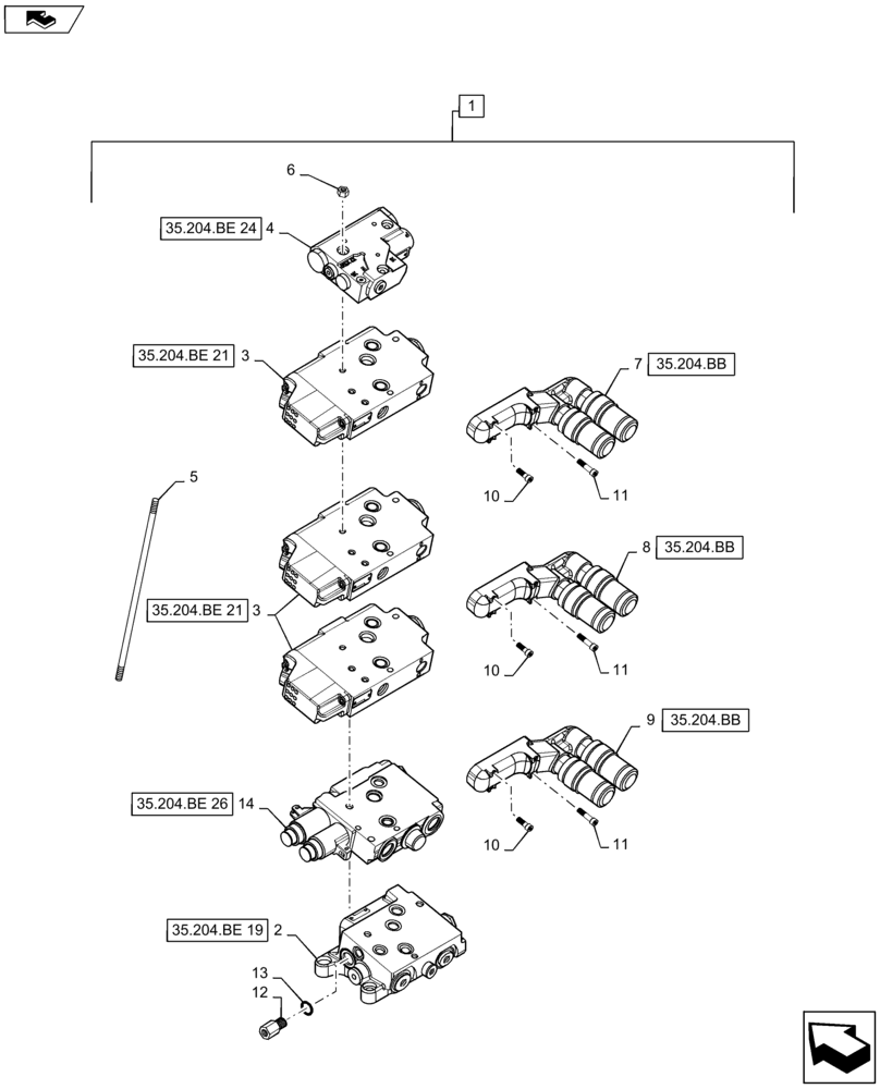 Схема запчастей Case IH MAXXUM 125 - (35.204.BQ[02]) - 3 ELECTROHYDRAULIC REAR REMOTE CONTROL VALVES WITH PUMP 113 L/MIN CCLS - DISTRIBUTOR - BREAKDOWN (35) - HYDRAULIC SYSTEMS