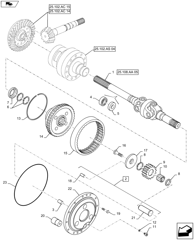 Схема запчастей Case IH MAXXUM 140 - (25.108.AB[05]) - VAR - 330408, 330429 - CL.4 FRONT AXLE - GEARS AND DIFFERENTIAL AXLE (25) - FRONT AXLE SYSTEM