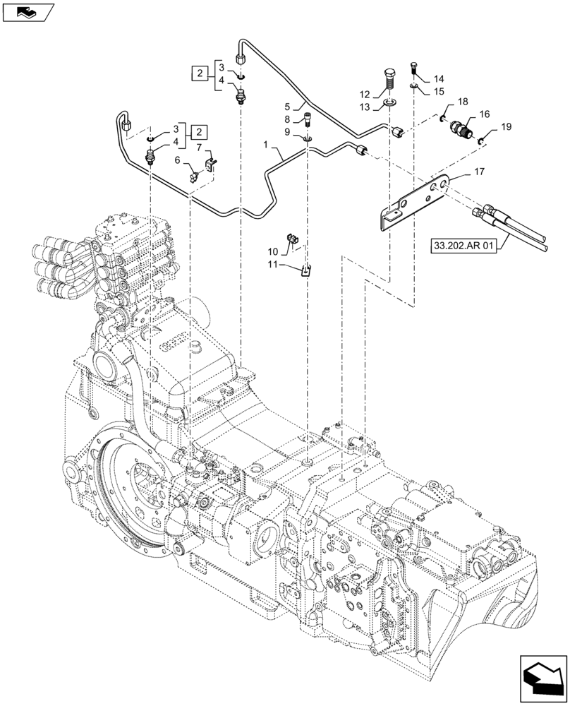 Схема запчастей Case IH MAXXUM 140 - (33.202.AP[02]) - VAR - 331836, 333836, 336835,338835, 743744 + STD - REAR BRAKE PIPES (33) - BRAKES & CONTROLS