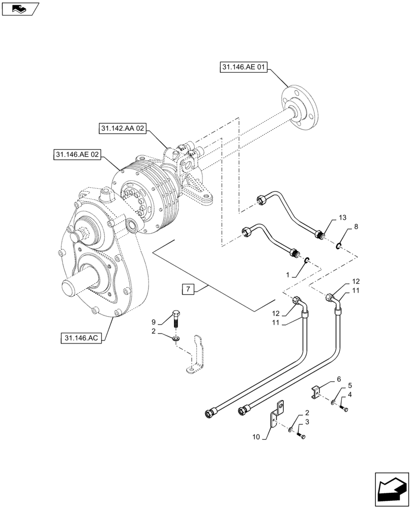 Схема запчастей Case IH MAXXUM 120 - (31.142.AF[02]) - VAR - 333648, 334648, 743700 - INTEGRATED FRONT HPL WITH PTO - PIPES (31) - IMPLEMENT POWER TAKE OFF