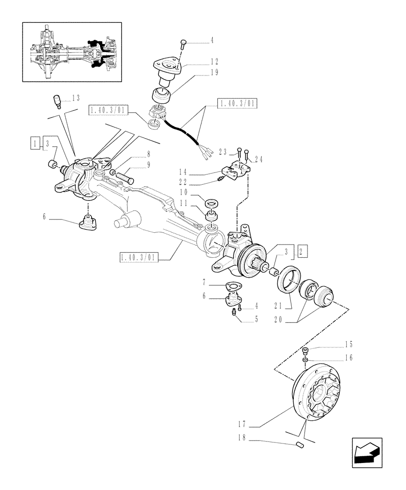 Схема запчастей Case IH MXU125 - (1.40.3/02[01]) - (VAR.309-359) 4WD FRONT AXLE WITH BRAKES WITH TERRALOCK - STEERING PIVOT PINS AND HUBS - C5196 (04) - FRONT AXLE & STEERING