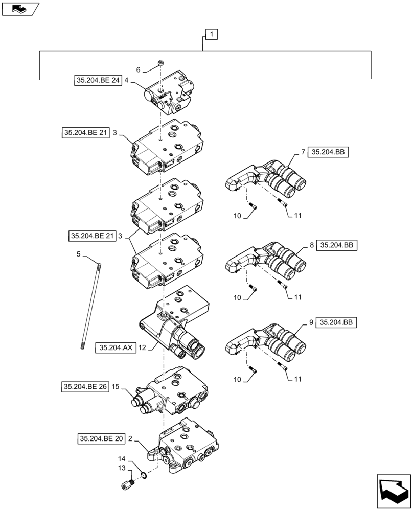 Схема запчастей Case IH MAXXUM 120 - (35.204.BQ[04]) - 3 ELECTROHYDRAULIC REAR REMOTE CONTROL VALVES WITH "POWER BEYOND" WITH PUMP 113 L/MIN CCLS - DISTRIBUTOR - BREAKDOWN (35) - HYDRAULIC SYSTEMS