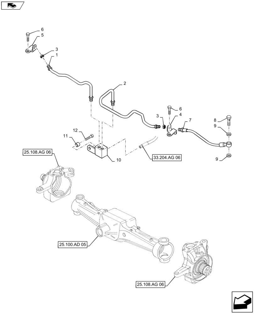 Схема запчастей Case IH MAXXUM 110 - (33.204.AG[05]) - VAR - 330430 - CL.4 SUSPENDED FRONT AXLE - BRAKE PIPES (33) - BRAKES & CONTROLS