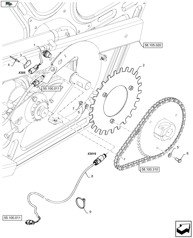 Схема запчастей Case IH 3050-41FT - (55.675.030) - REEL SPEED SENSORS, RH - D975 (55) - ELECTRICAL SYSTEMS