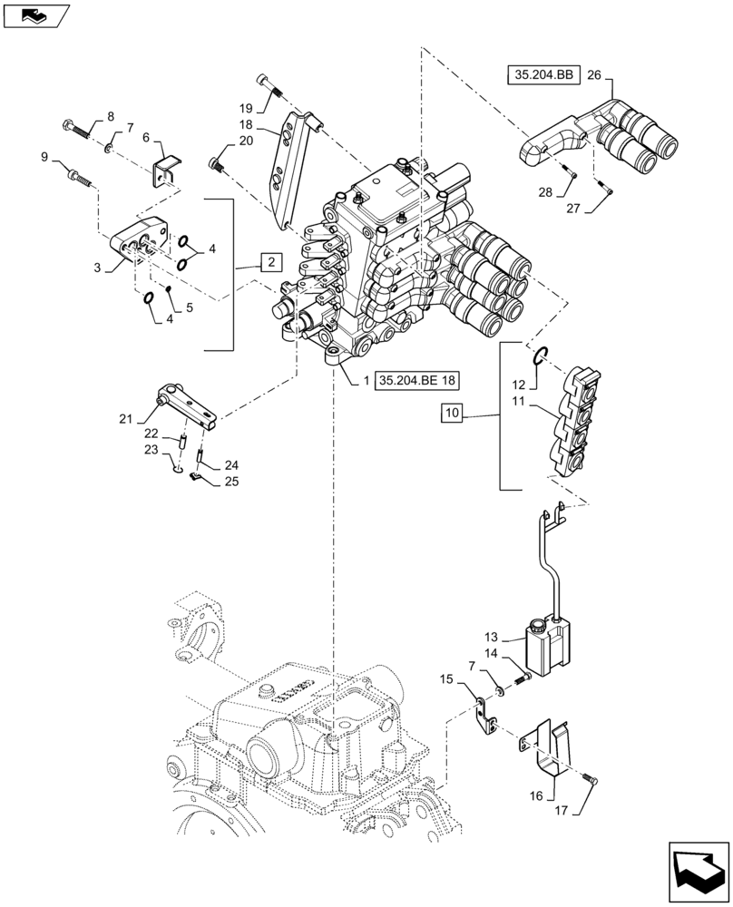 Схема запчастей Case IH MAXXUM 115 - (35.204.BE[17]) - VAR - 333845, 334845, 743685 - 4 MECHANICAL REAR REMOTE CONTROL VALVES ( 2 NON CONFIGURABLE ) WITH PUMP 113 L/MIN CCLS - DISTRIBUTOR, COVER AND OIL COLLECTOR (35) - HYDRAULIC SYSTEMS