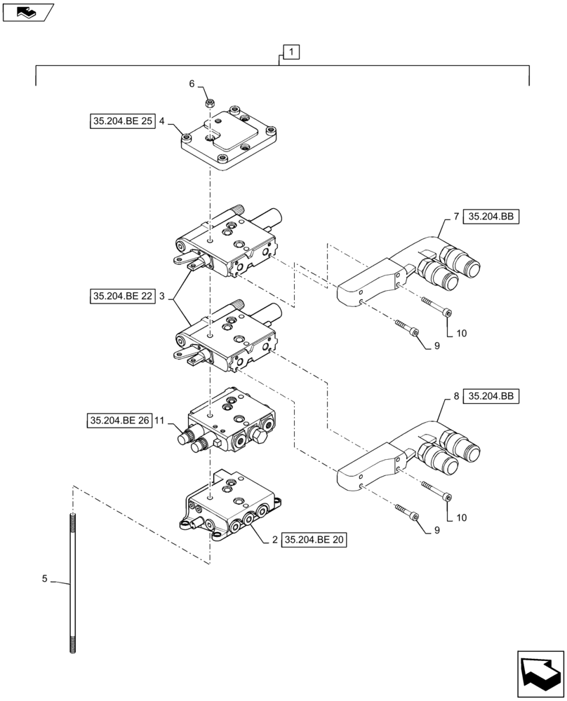 Схема запчастей Case IH MAXXUM 115 - (35.204.BE[02]) - 2 MECHANICAL REAR REMOTE CONTROL VALVES (NON CONFIGURABLE) WITH PUMP 80 L/MIN FD - DISTRIBUTOR - BREAKDOWN (35) - HYDRAULIC SYSTEMS