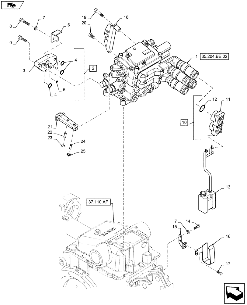 Схема запчастей Case IH MAXXUM 115 - (35.204.BE[01]) - 2 MECHANICAL REAR REMOTE CONTROL VALVES ( NON CONFIGURABLE ) WITH PUMP 80 L/MIN FD - DISTRIBUTOR, COVER AND OIL COLLECTOR (35) - HYDRAULIC SYSTEMS