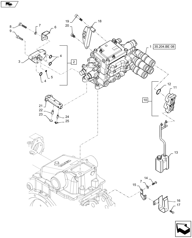 Схема запчастей Case IH MAXXUM 120 - (35.204.BE[07]) - VAR - 331849, 743740 - 2 MECHANICAL REAR REMOTE VALVES ( CONFIGURABLE ) WITH PUMP 113 L/MIN - DISTRIBUTOR, COVER AND OIL COLLECTOR (35) - HYDRAULIC SYSTEMS