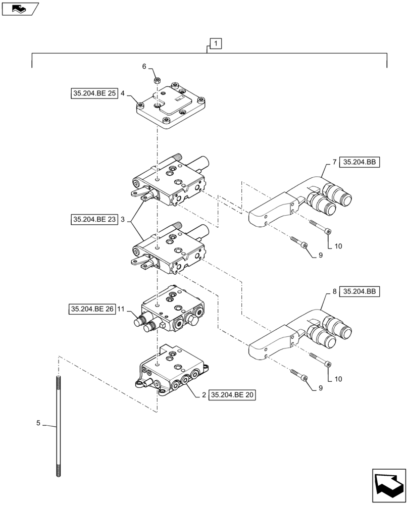 Схема запчастей Case IH MAXXUM 110 - (35.204.BE[06]) - VAR - 330849, 743740 - 2 MECHANICAL REAR REMOTE CONTROL VALVES (CONFIGURABLE) WITH PUMP 80 L/MIN FD - DISTRIBUTOR - BREAKDOWN (35) - HYDRAULIC SYSTEMS