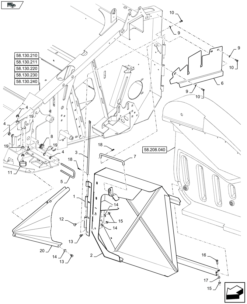 Схема запчастей Case IH 3050-30FT - (58.208.030) - SHIELDING, LEFT HAND SIDE, DOOR FRAME (58) - ATTACHMENTS/HEADERS