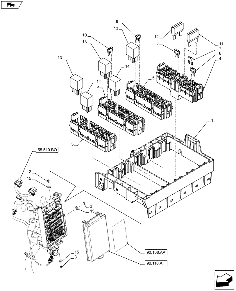 Схема запчастей Case IH FARMALL 85C - (55.100.DO[02]) - VAR - 390754, 334435, 334436, 335754 - FUSE BOX, FUSE HOLDER, RELAY, W/O CAB (55) - ELECTRICAL SYSTEMS