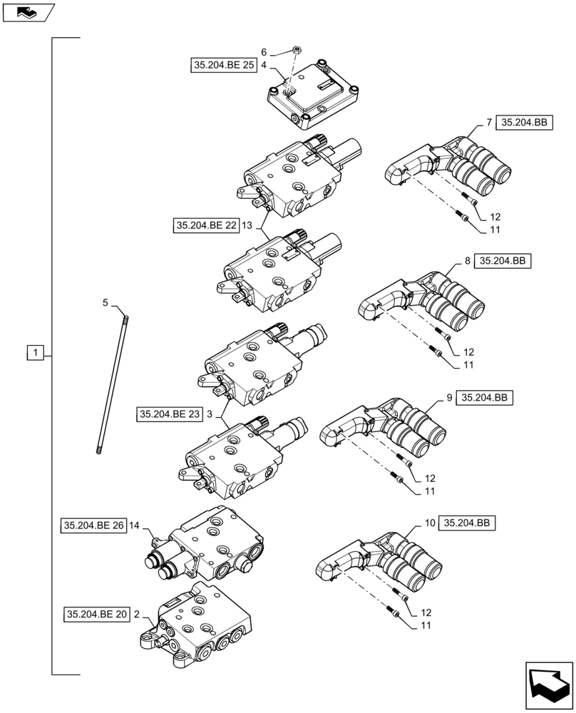 Схема запчастей Case IH MAXXUM 110 - (35.204.BE[16]) - VAR - 331845, 743685 - 4 MECHANICAL REAR REMOTE CONTROL VALVES ( 2 NON CONFIGURABLE ) WITH PUMP 80 L/MIN FD - DISTRIBUTOR - BREAKDOWN (35) - HYDRAULIC SYSTEMS