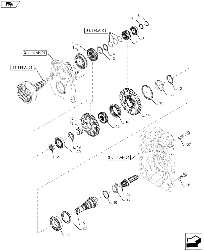 Схема запчастей Case IH MAXXUM 120 - (31.114.AF[01]) - 2 SPEED REAR PTO - GEARS, DRIVEN SHAFT AND OUTPUT SHAFT (31) - IMPLEMENT POWER TAKE OFF