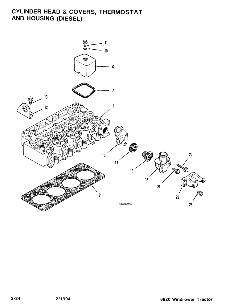 Схема запчастей Case IH 8820 - (2-24) - CYLINDER HEAD & COVERS, THERMOSTAT, AND HOUSING, DIESEL (02) - ENGINE