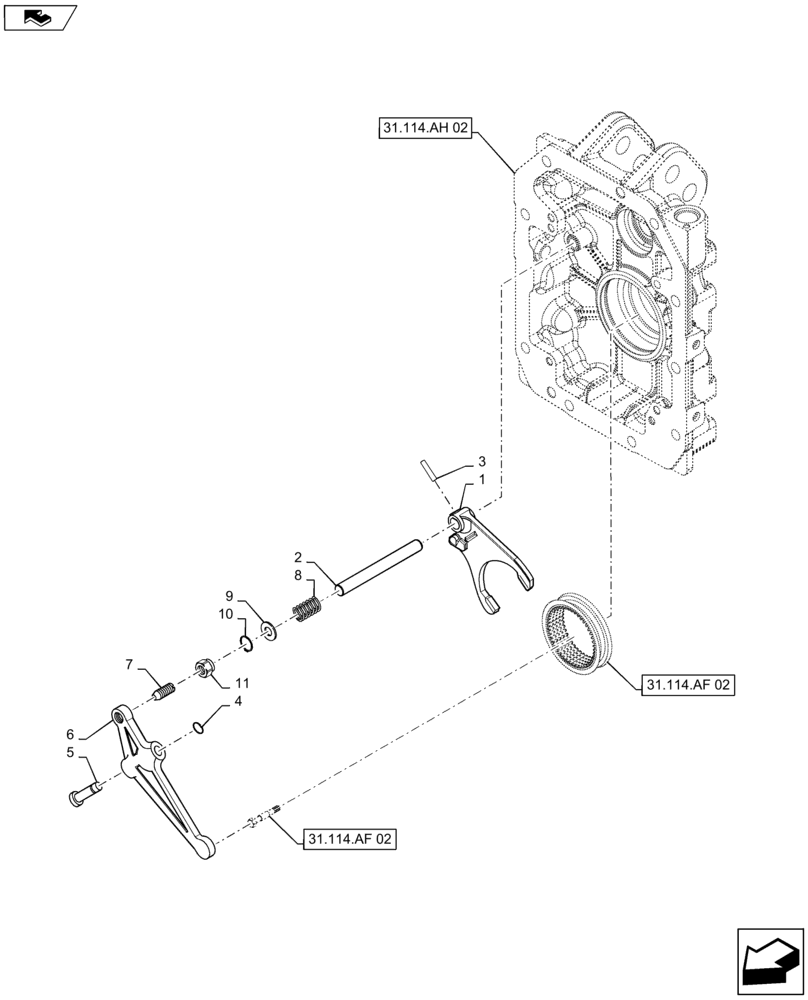 Схема запчастей Case IH MAXXUM 120 - (31.114.AO[03]) - VAR - 330800 - 2 SPEED REAR PTO WITH REVERSIBLE SHAFT - SPEED SELECTION INTERNAL CONTROLS (31) - IMPLEMENT POWER TAKE OFF