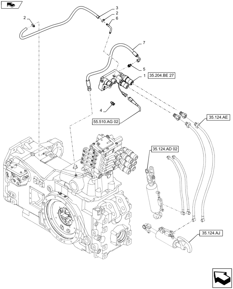 Схема запчастей Case IH MAXXUM 140 - (35.204.BJ[08]) - VAR - 334845, 743685 - 4 MECHANICAL REAR REMOTE CONTROL VALVES WITH DIVERTER - CHANGEOVER VALVE AND PIPES (35) - HYDRAULIC SYSTEMS