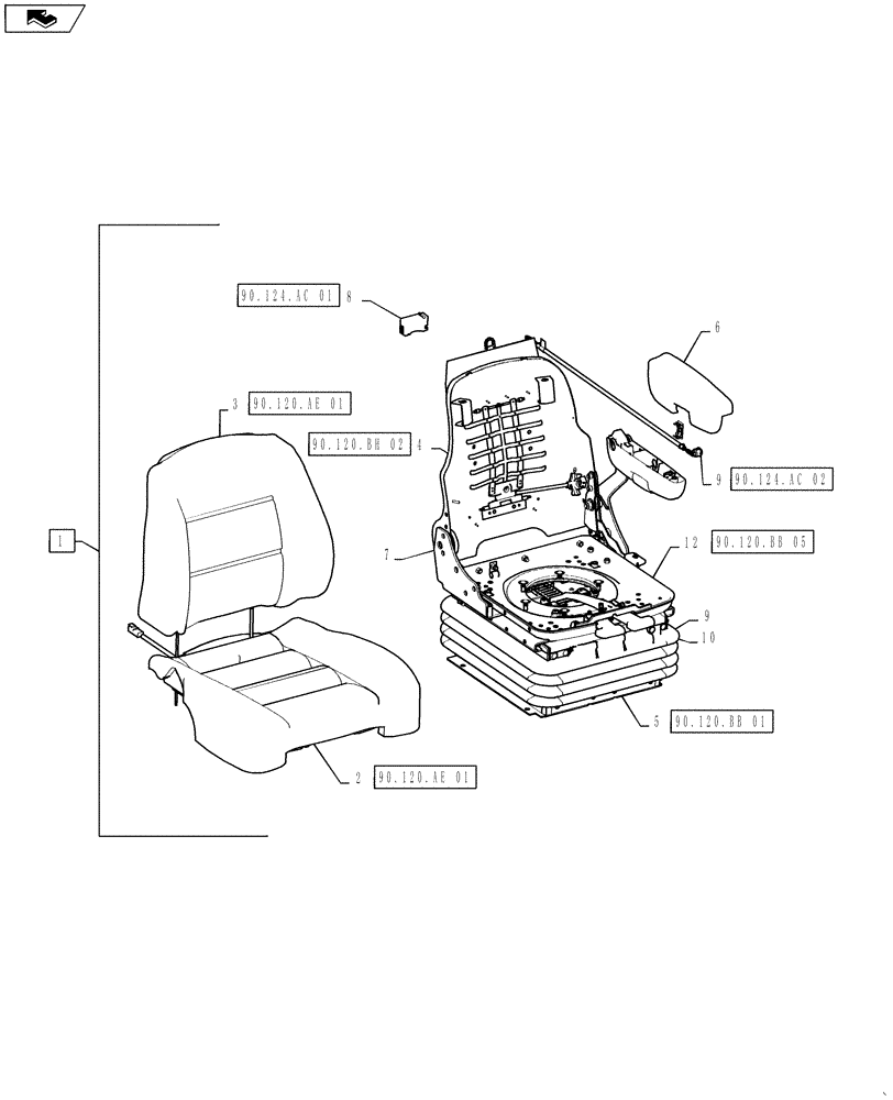 Схема запчастей Case IH STEIGER 500 - (90.120.AD[01]) - SEAT - ASSY - OPERATORS - STANDARD & DELUX (90) - PLATFORM, CAB, BODYWORK AND DECALS