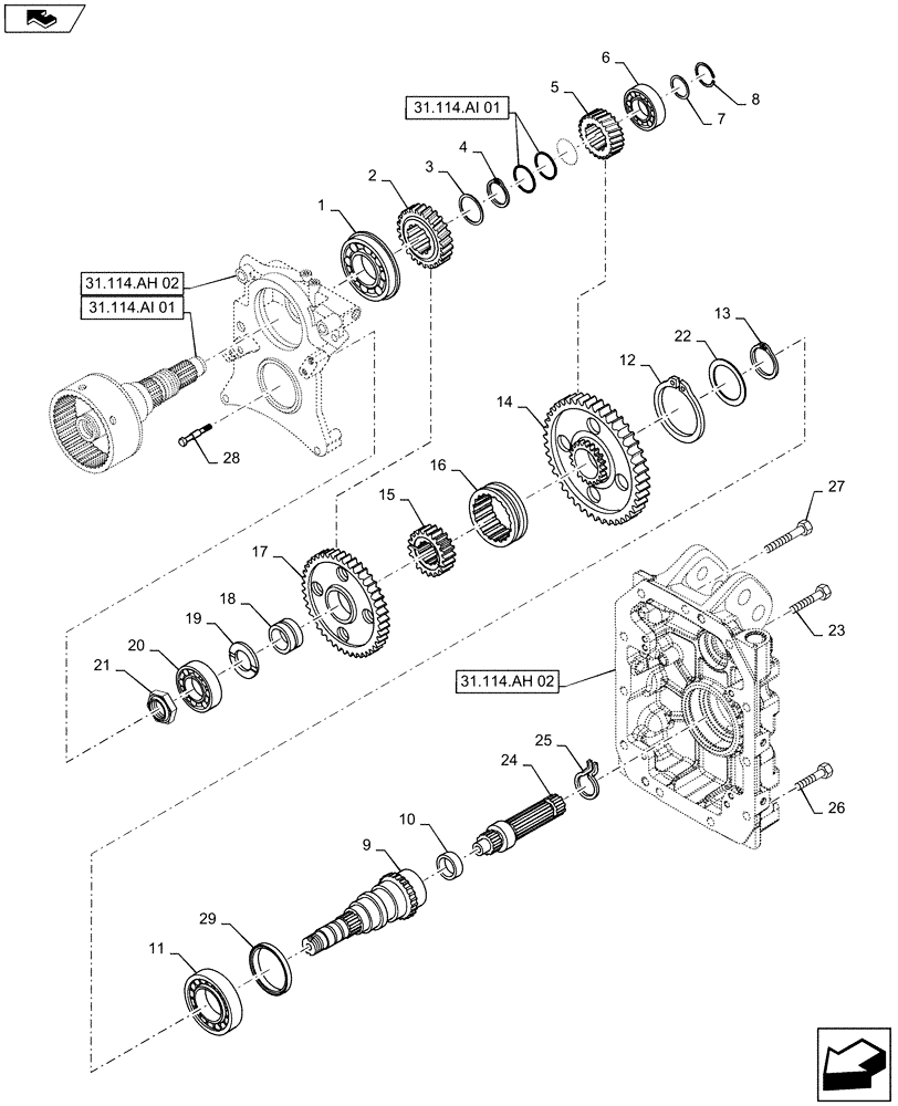 Схема запчастей Case IH MAXXUM 115 - (31.114.AF[02]) - VAR - 330800 - 2 SPEED REAR PTO WITH REVERSIBLE SHAFT - GEARS, DRIVEN SHAFT AND OUTPUT SHAFT (31) - IMPLEMENT POWER TAKE OFF