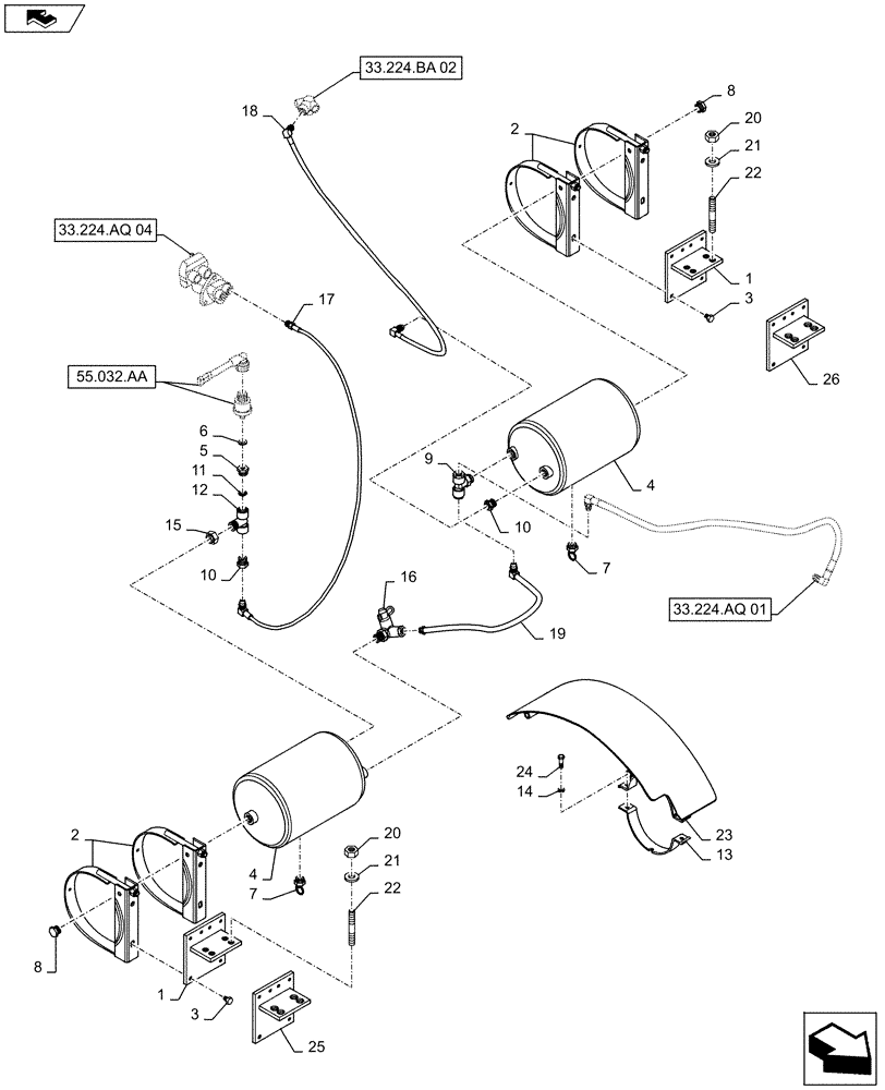 Схема запчастей Case IH MAXXUM 140 - (33.224.AF[01]) - VAR - 332739 - PNEUMATIC TRAILER BRAKE - TANK AND PIPES (33) - BRAKES & CONTROLS