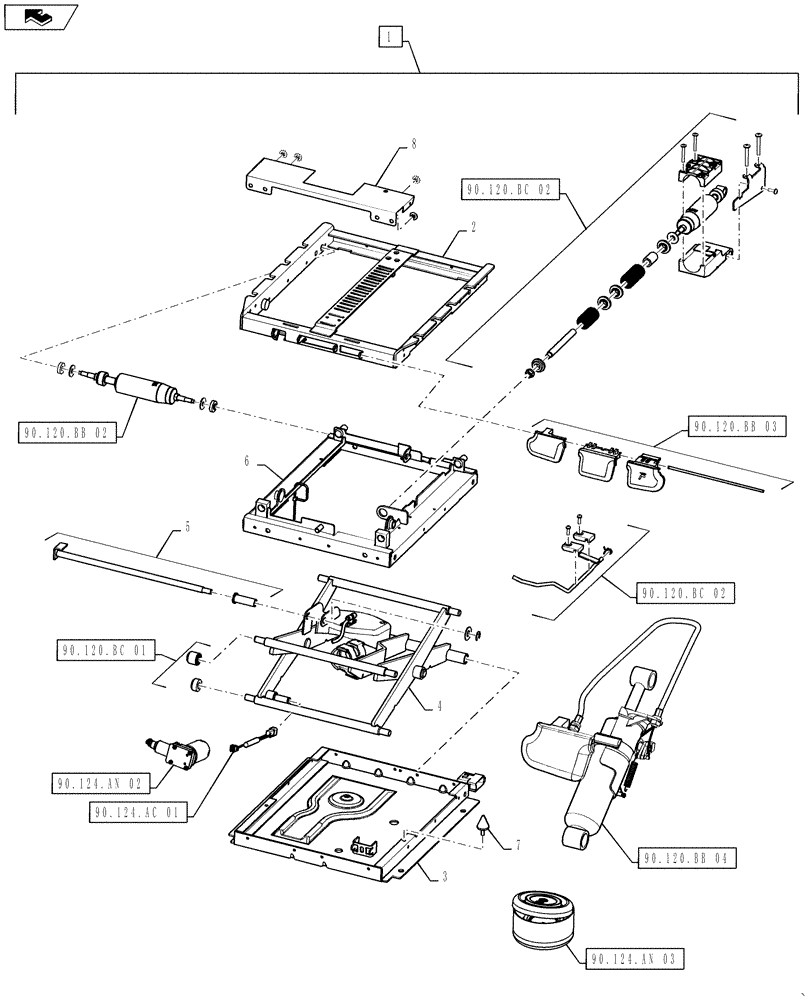 Схема запчастей Case IH STEIGER 450 - (90.120.BB[01]) - SEAT SUSPENSION ASSY - MECHANICAL - STANDARD & DELUX OPTION (90) - PLATFORM, CAB, BODYWORK AND DECALS