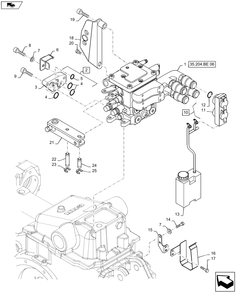 Схема запчастей Case IH MAXXUM 140 - (35.204.BE[05]) - VAR - 330849, 743740 - 2 MECHANICAL REAR REMOTE CONTROL VALVES (CONFIGURABLE) WITH PUMP 80 L/MIN FD - DISTRIBUTOR, COVER AND OIL COLLECTOR (35) - HYDRAULIC SYSTEMS