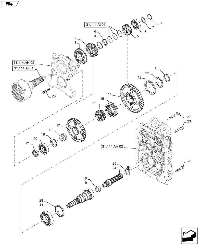 Схема запчастей Case IH MAXXUM 140 - (31.114.AF[03]) - VAR - 330800 - 2 SPEED REAR PTO WITH REVERSIBLE SHAFT - GEARS, DRIVEN SHAFT AND OUTPUT SHAFT (31) - IMPLEMENT POWER TAKE OFF