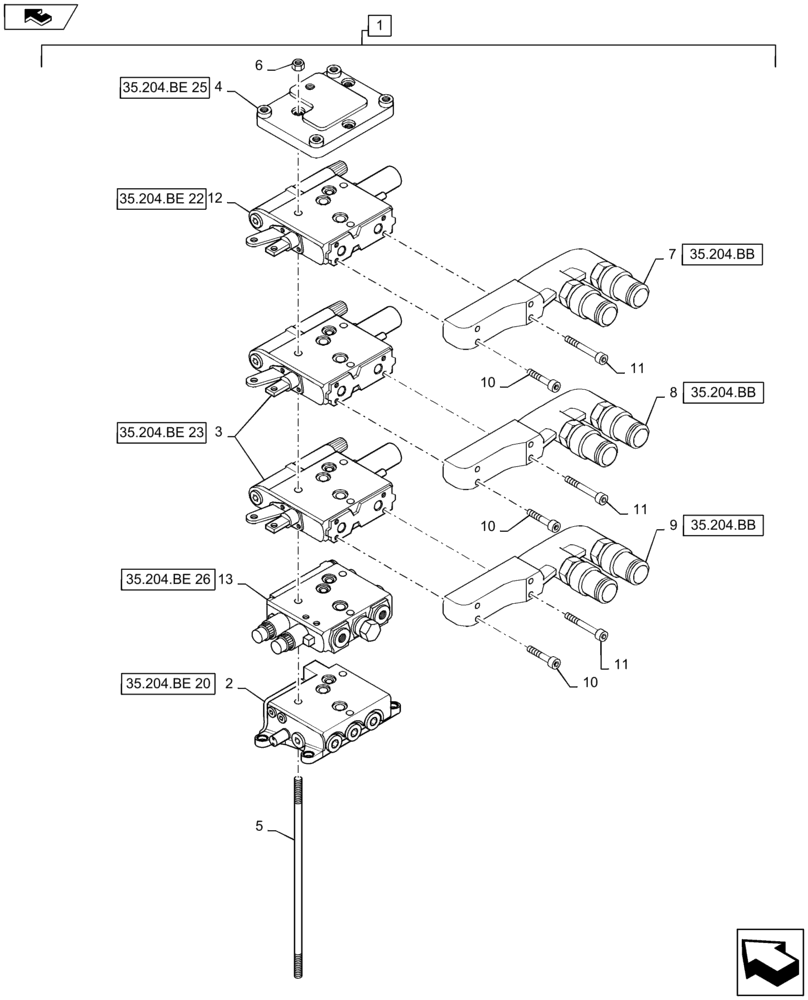 Схема запчастей Case IH MAXXUM 110 - (35.204.BE[10]) - VAR - 331844, 743741 - 3 MECHANICAL REAR REMOTE CONTROL VALVES ( 1 NON CONFIGURABLE ) WITH PUMP 80 L/MIN FD - DISTRIBUTOR - BREAKDOWN (35) - HYDRAULIC SYSTEMS