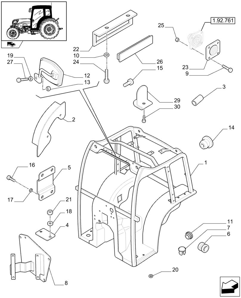 Схема запчастей Case IH FARMALL 75N - (1.92.90) - CAB FRAME, REAR VIEW MIRROR AND RADIO BRACKETS (10) - OPERATORS PLATFORM/CAB