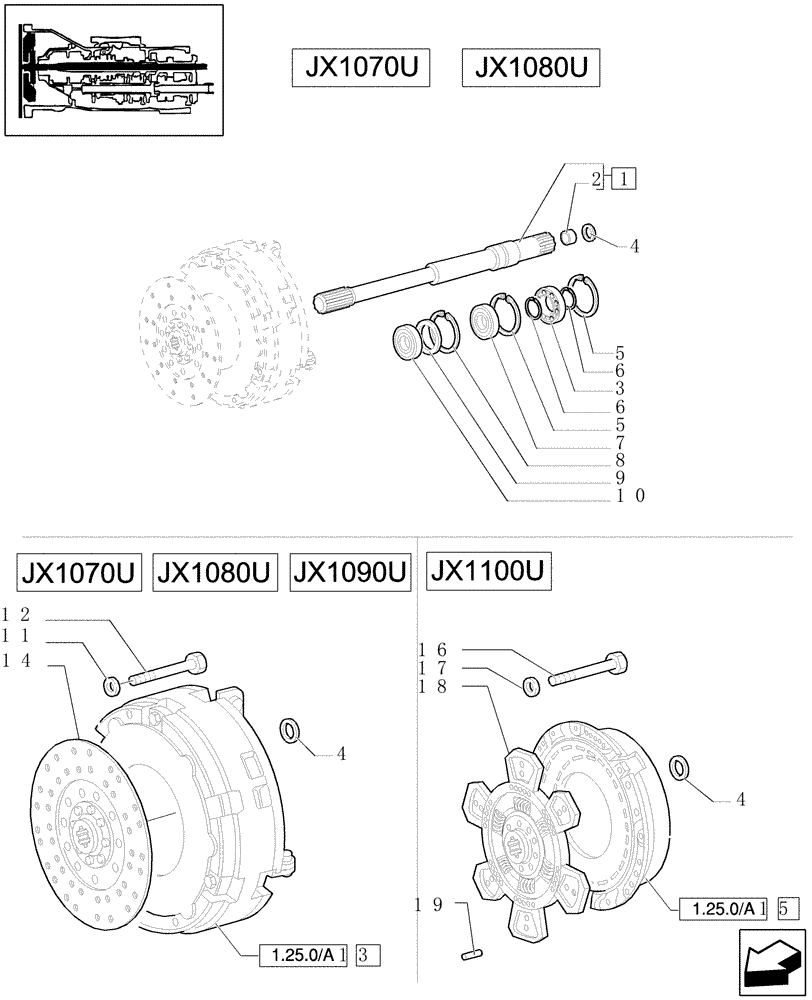 Схема запчастей Case IH JX1090U - (1.25.0) - CLUTCH - SHAFT, RETAINING RINGS (03) - TRANSMISSION