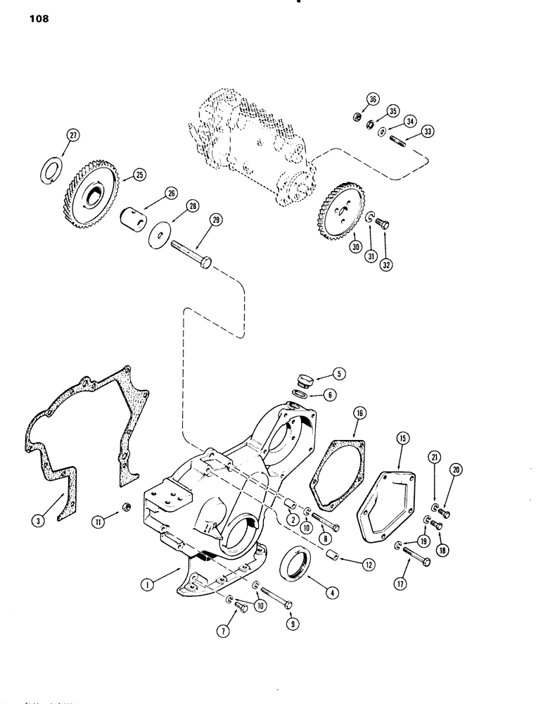 Схема запчастей Case IH 451BD - (108) - TIMING GEAR COVER & FUEL INJECTION PUMP DRIVE, ENGINE L/FUEL DEVICE, 504BD & 451BD (02) - ENGINE