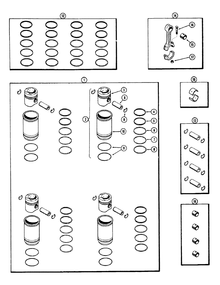 Схема запчастей Case IH 660 - (377A) - PISTON ASSEMBLY AND CONNECTING RODS, 188 DIESEL, W/ NARROW FLANGED SLEEVES, UP TO SERIAL NO. 2614827 