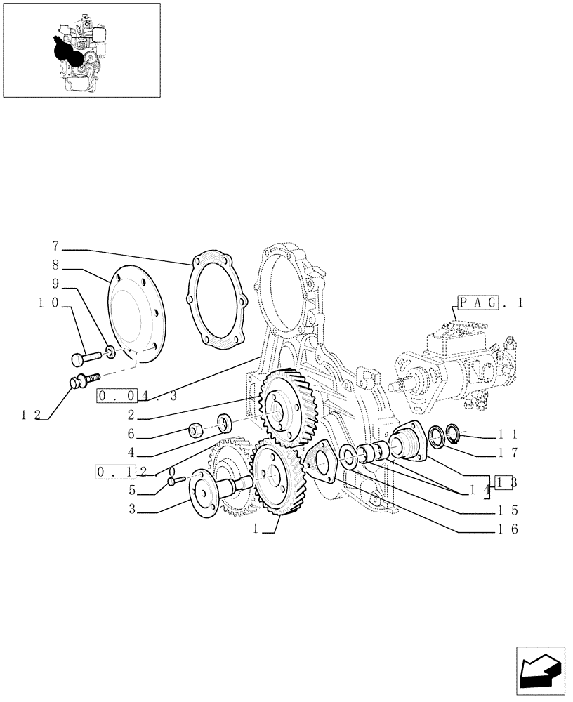 Схема запчастей Case IH JX1075N - (0.14.0/01[02]) - FUEL INJECTION PUMP DRIVE GEARS & TIMING COVER (01) - ENGINE