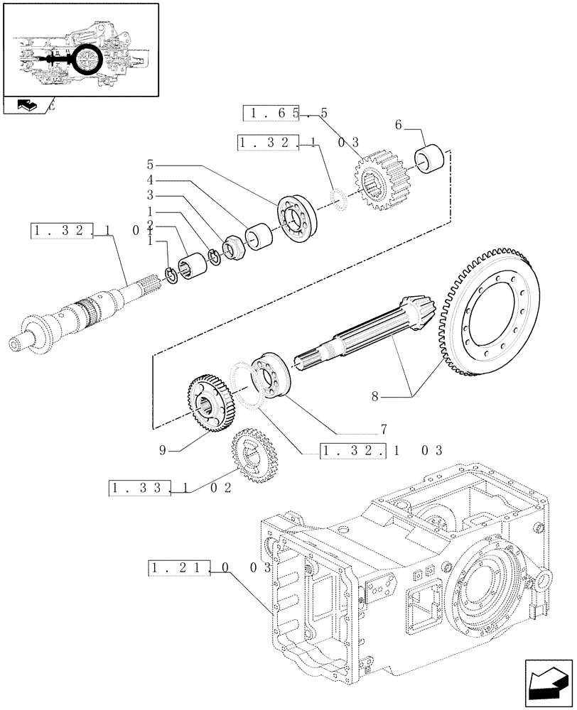 Схема запчастей Case IH MAXXUM 110 - (1.32.1[02]) - TRANSMISSION 16X16 OR 17X16 - BEVEL GEAR PAIR AND RELEVANT GEARS (03) - TRANSMISSION