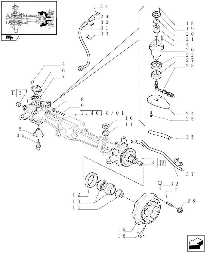 Схема запчастей Case IH PUMA 115 - (1.40. 8/02[01A]) - (CL.3) SUSPENDED FRONT AXLE W/MULTI-PLATE DIFF. LOCK AND ST. SENSOR-STEERING AXLES - HUBS - D6449 (VAR.330414) (04) - FRONT AXLE & STEERING