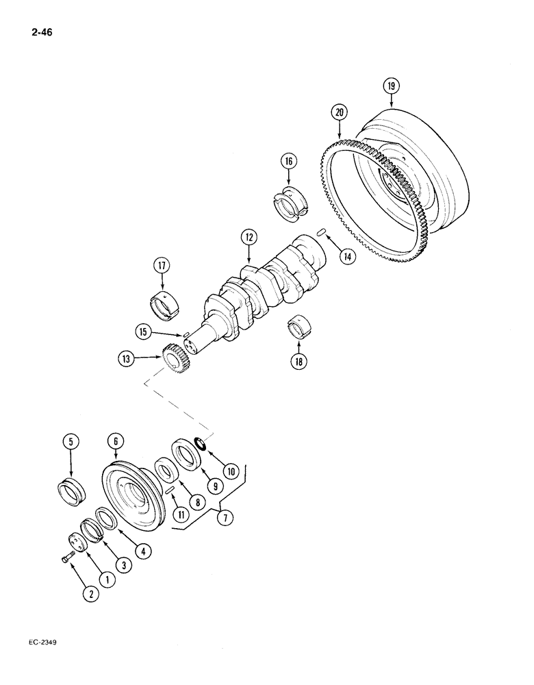 Схема запчастей Case IH 385 - (2-046) - CRANKSHAFT, FLYWHEEL AND BEARINGS (02) - ENGINE