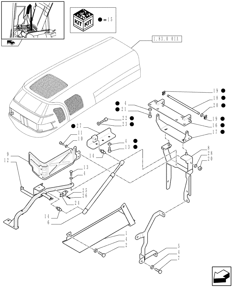 Схема запчастей Case IH FARMALL 85N - (1.83.0[06]) - HOOD GAS SPRING, HINGE SUPPORT AND HEAT SHIELD PROTECTION (08) - SHEET METAL