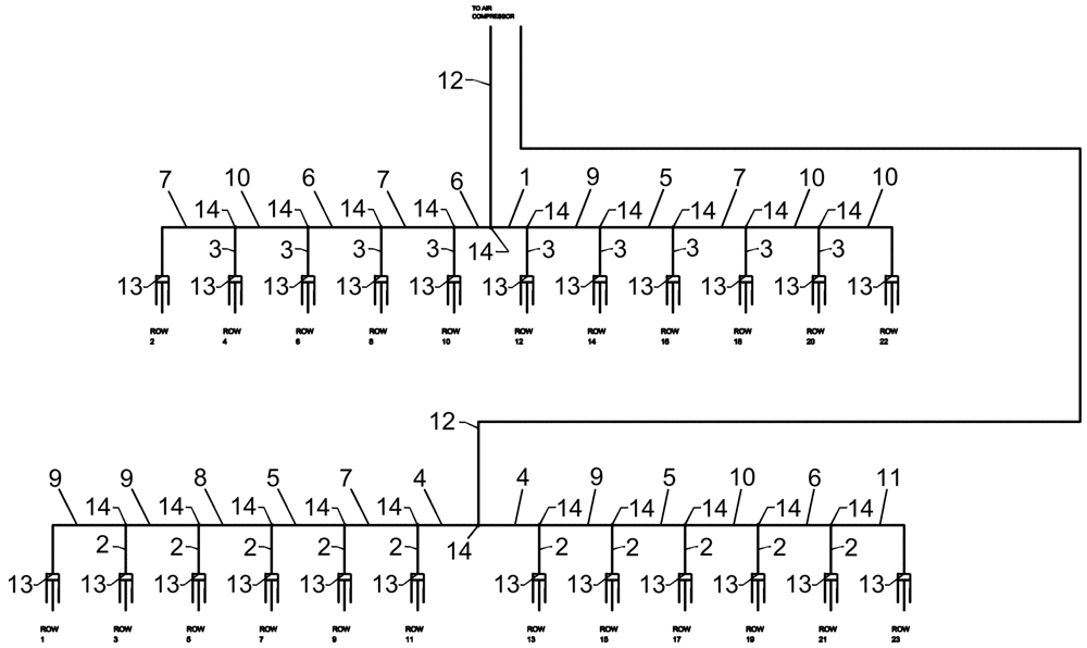 Схема запчастей Case IH 1240 - (75.200.50) - PNEUMATIC DOWN PRESSURE - PLUMBING LAYOUT 12/23 ROW (75) - SOIL PREPARATION