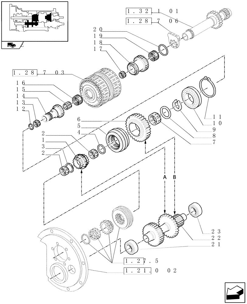 Схема запчастей Case IH MAXXUM 115 - (1.28.1[02]) - TRANSMISSION 16X16 OR 17X16 - GEARSHIFTS GEARS (03) - TRANSMISSION