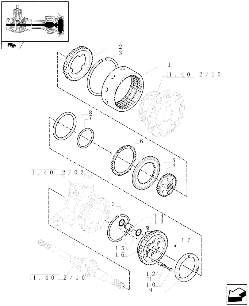 Схема запчастей Case IH FARMALL 85U - (1.40.2/14[01]) - FRONT AXLE WITH DIFFERENTIAL LOCK AND BRAKES - BRAKE PARTS (VAR.330415) (04) - FRONT AXLE & STEERING